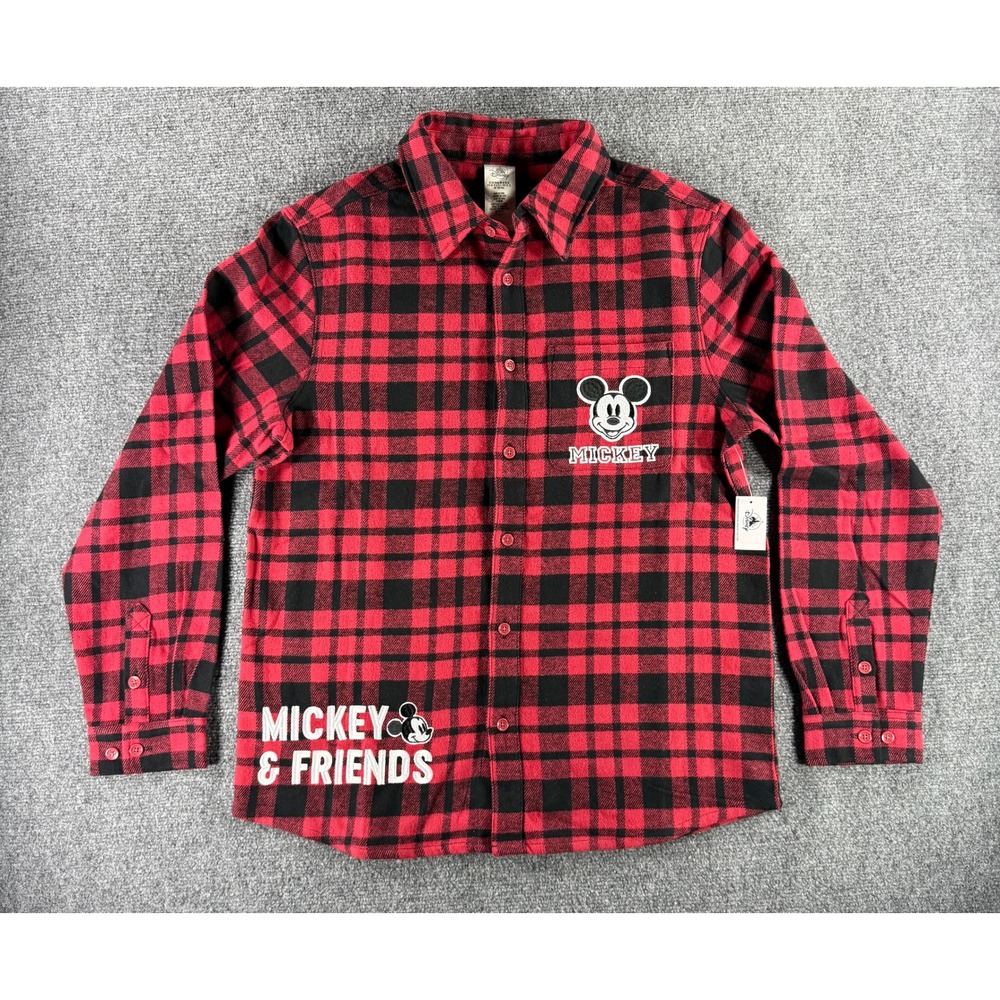 Disney Mickey & Friends Red Black Buffalo Plaid Flannel Shirt Mens M NWT